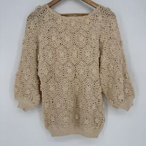 Vintage‎ 70s Boho Crochet Sweater Beige Floral Knit Festival Jumper Size Large